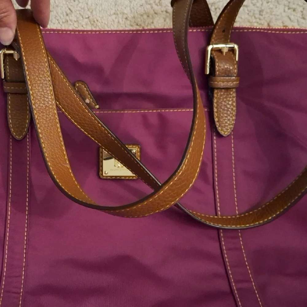 Ralph Lauren Purple Magenta Nylon Tote Shoulder Bag With Brown Straps - Picture 9 of 10